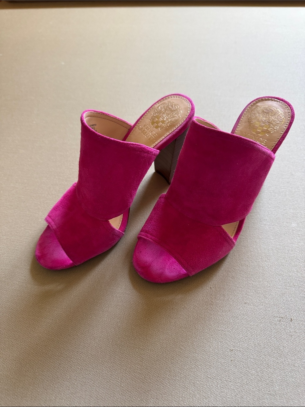 Vince Camuto Hot Pink Suede Open-Toe Block Heel Mules